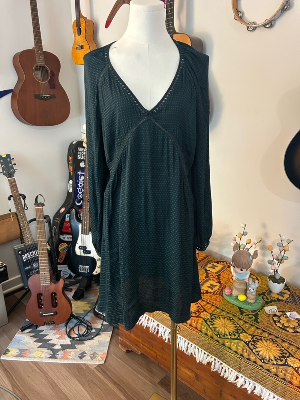 Hinge  Dark Green V-Neck Long Sleeve Dress